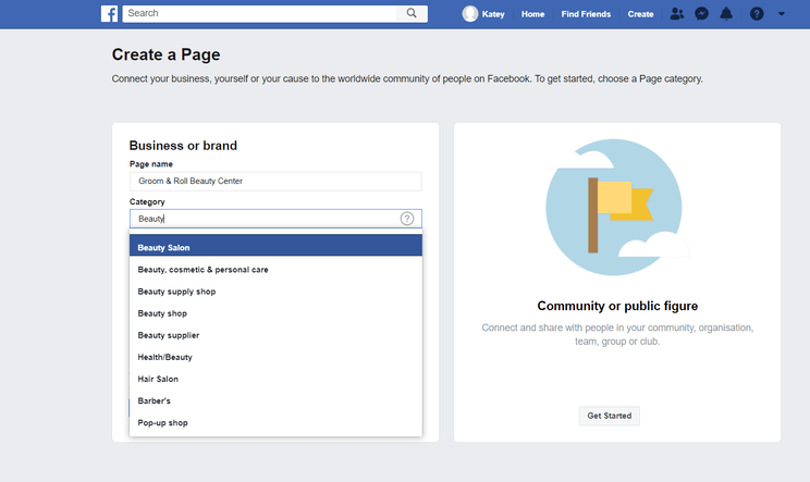 Facebook Create Page Business or Brand Category