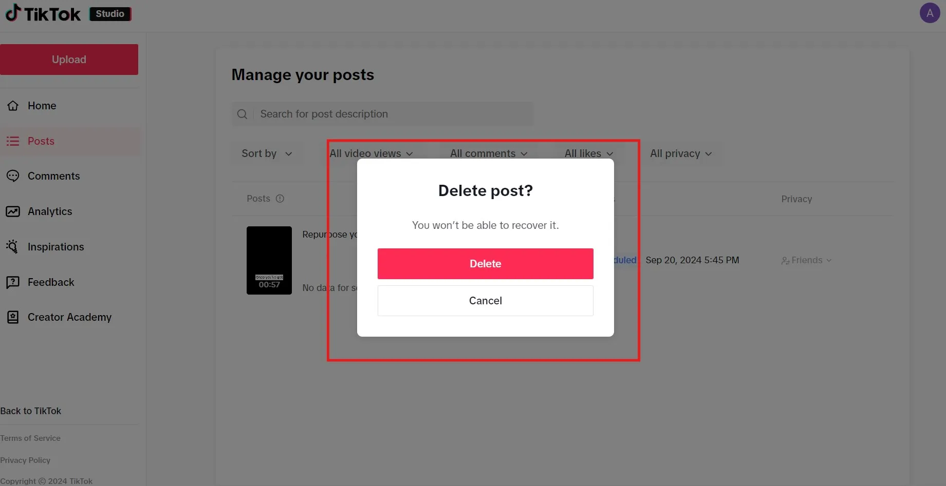 Click on Delete to remove your post