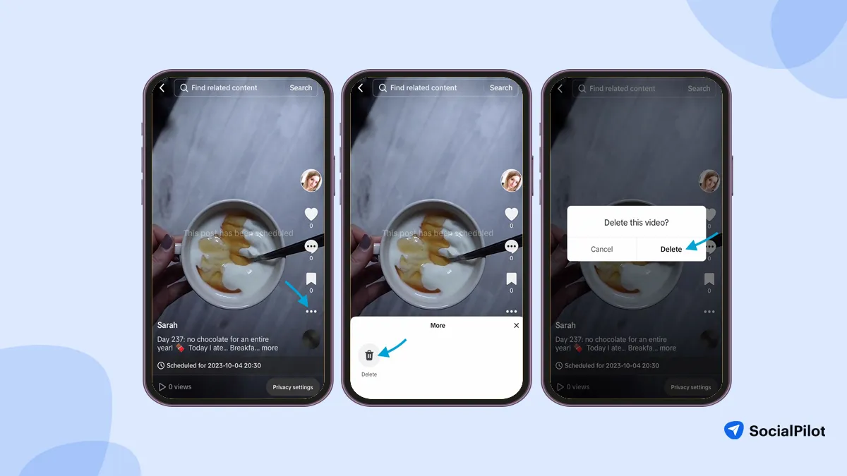 Deleting TikTok post on SocialPilot Mobile app