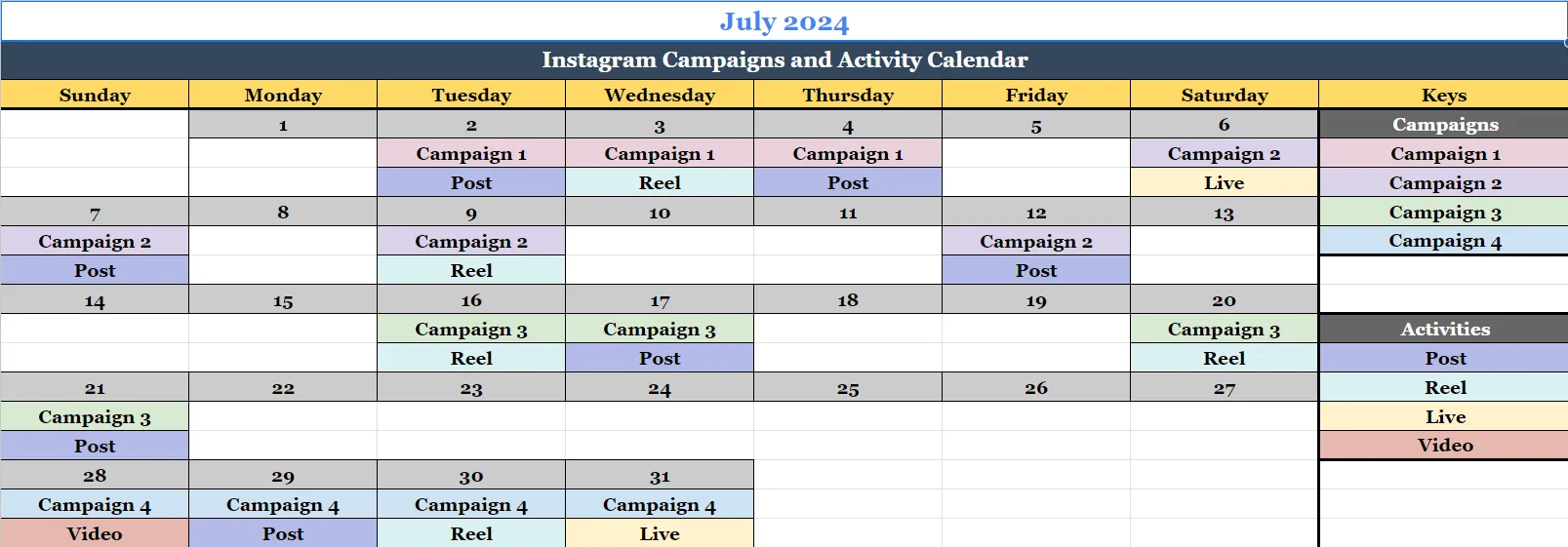 Instagram Calendar for Campaigns and Activities