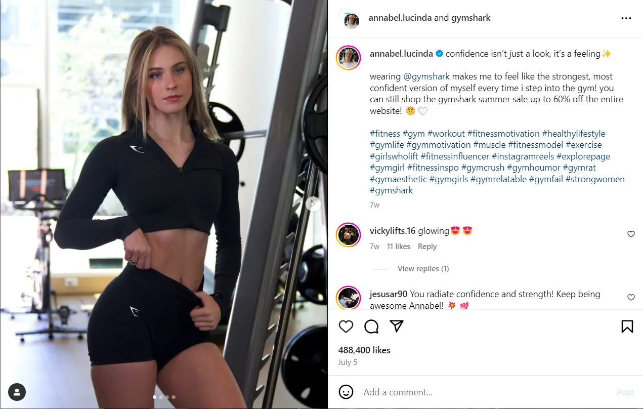 Instagram post of GymShark and Annabel Lucinda