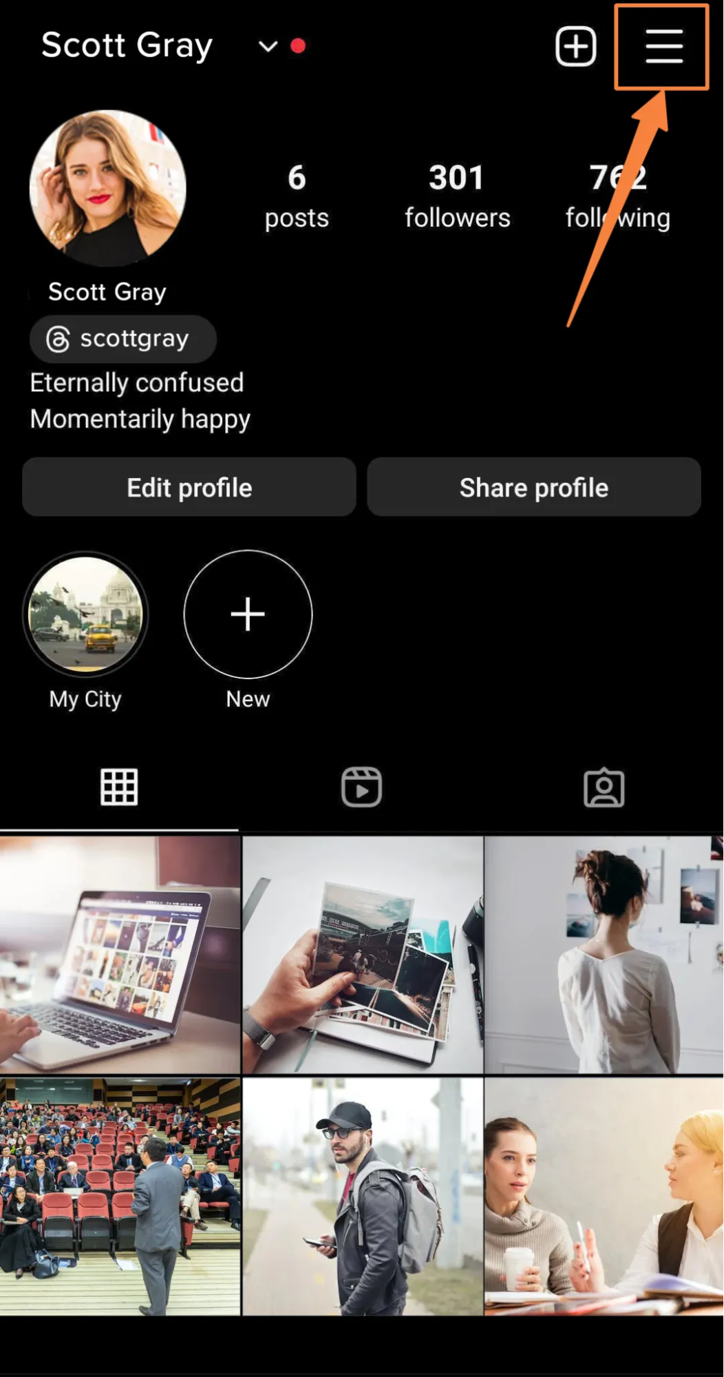 Instagram profile and click on the hamburger icon