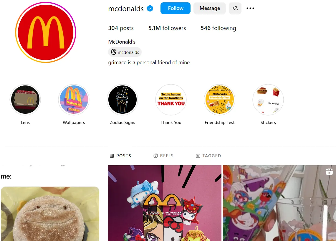 Instagram profile of McDonald