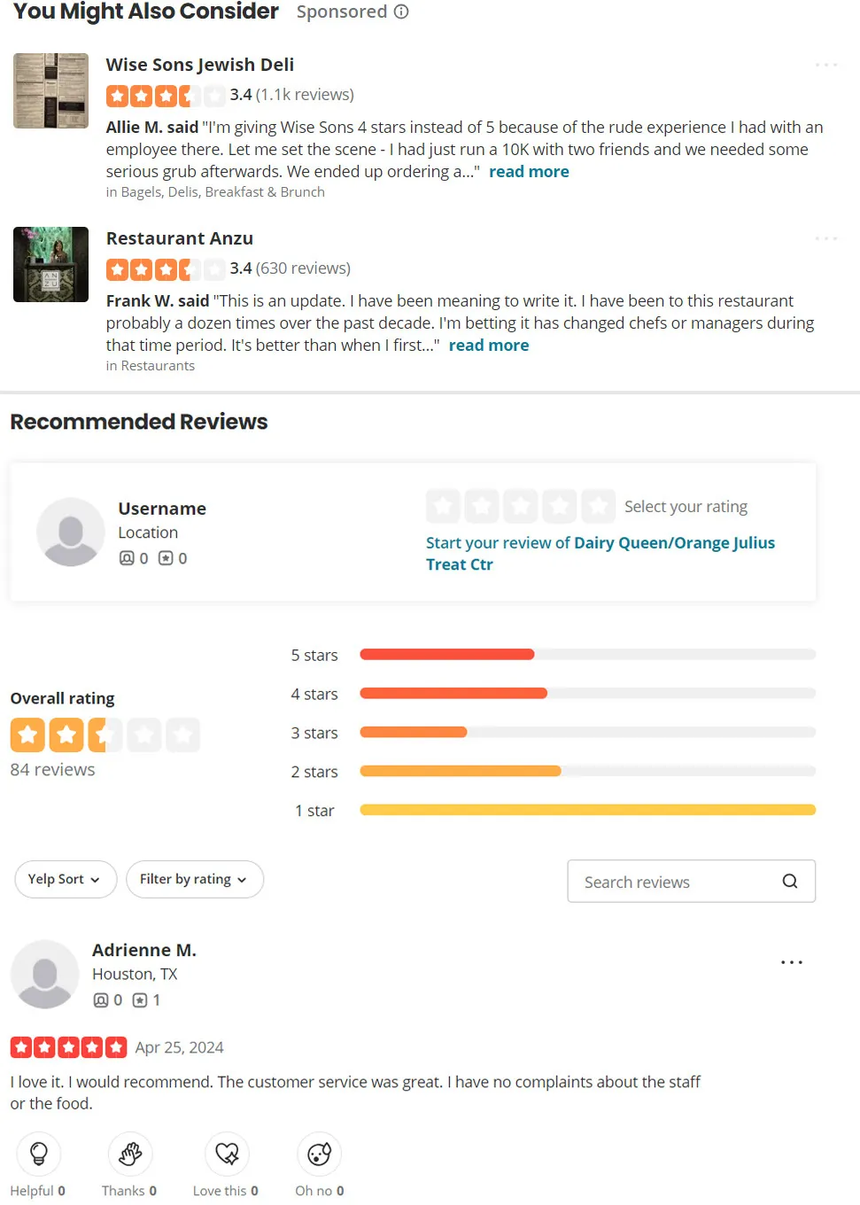 Reviews and ratings on Yelp