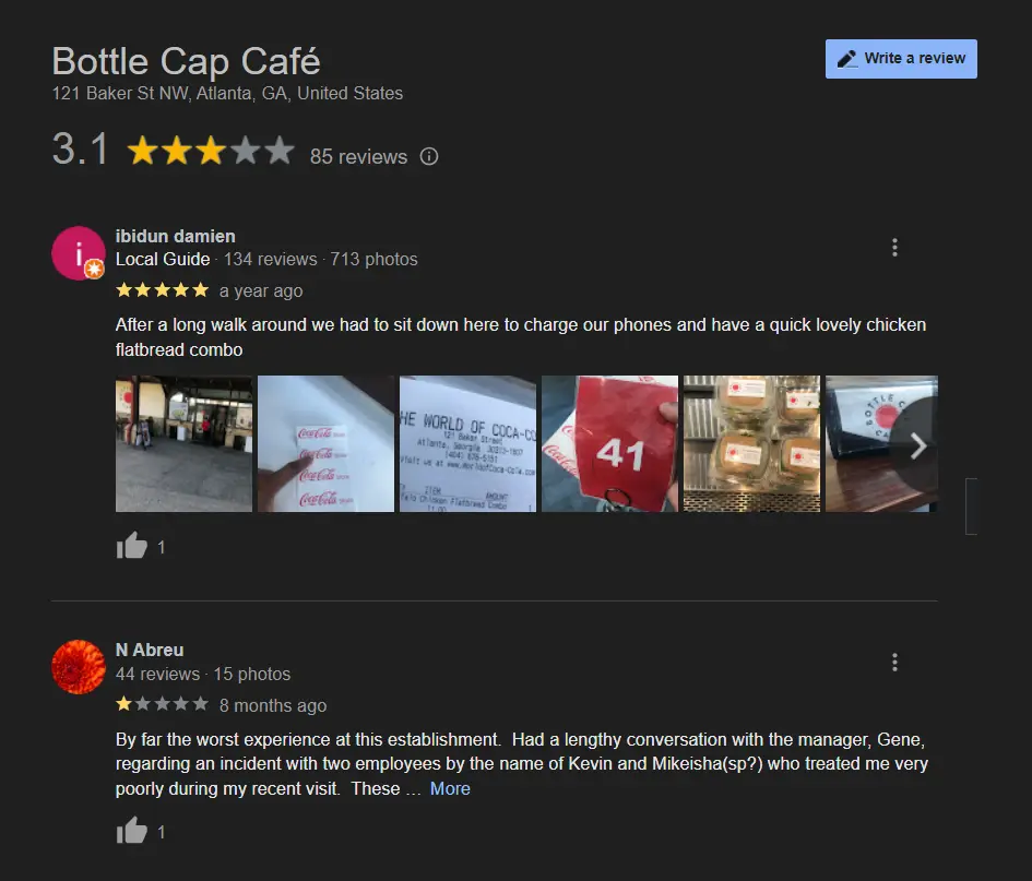 Customer review in Google Business Profile