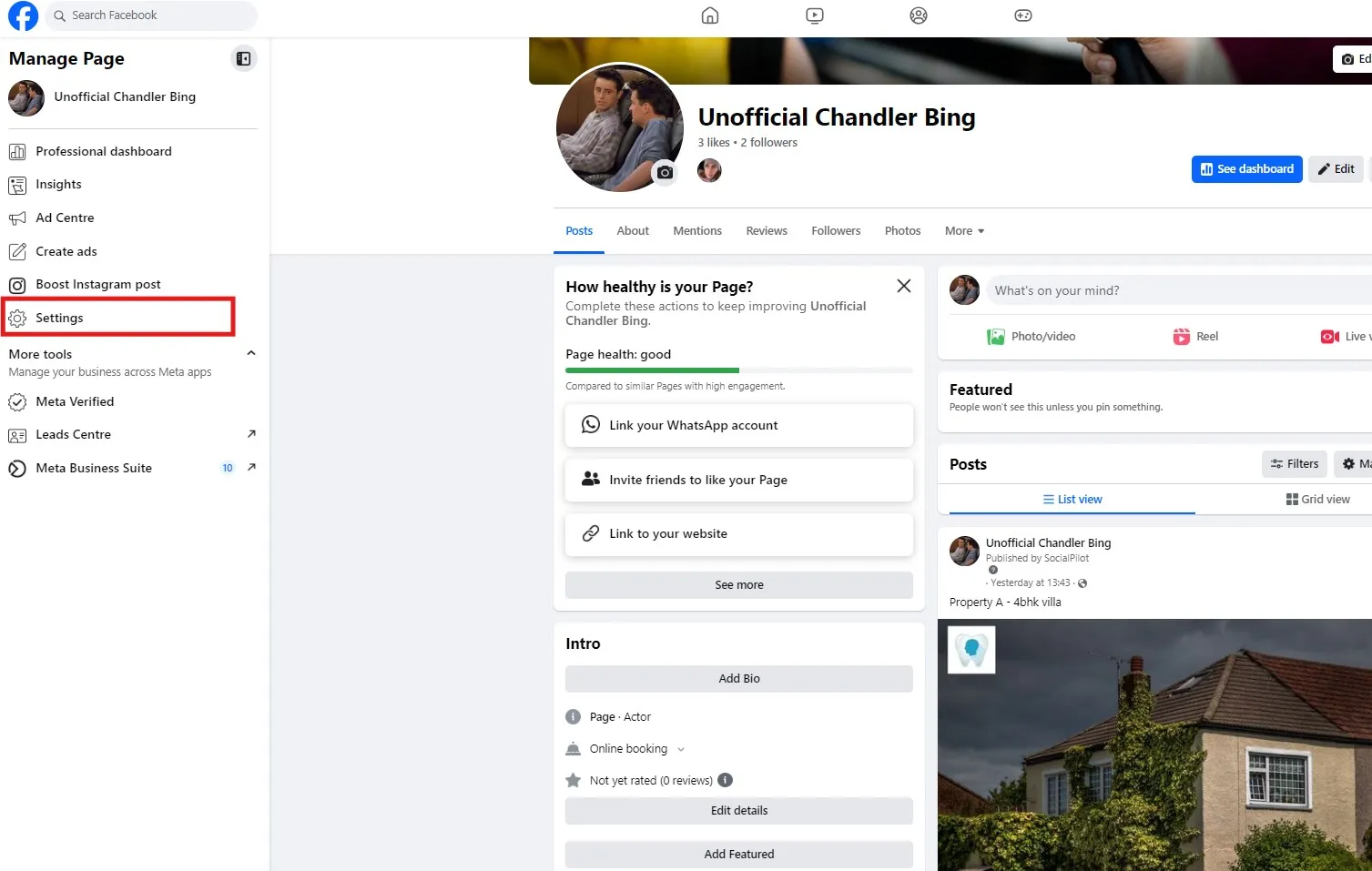 Settings Option in Facebook Business Page