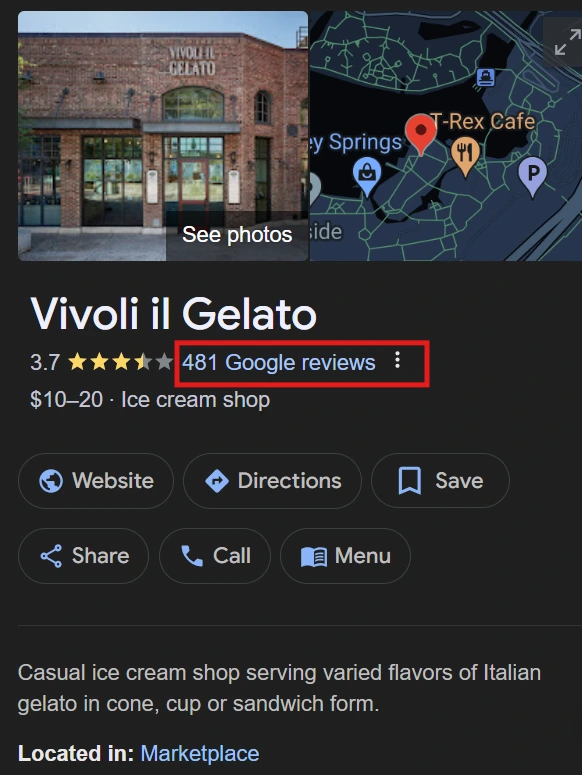 Link displaying number of reviews on Google